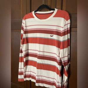 Mens Hollister, Red and White Stripe long sleeve shirt, Size medium.